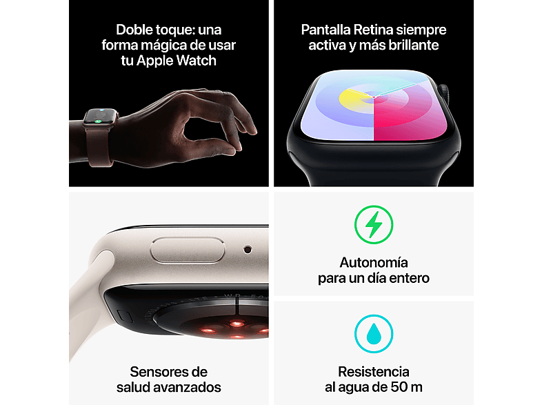 Apple Watch Series 9 (2023), GPS+CELL, 41 mm, Gesto de doble toque, Caja de aluminio blanco estrella, Correa Sport Loop blanco estrella