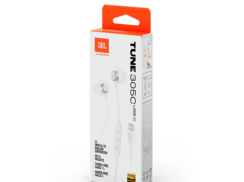 Auriculares de botón - JBL Tune 305C, Intraurales, Bluetooth, Con cable, Micrófono, White