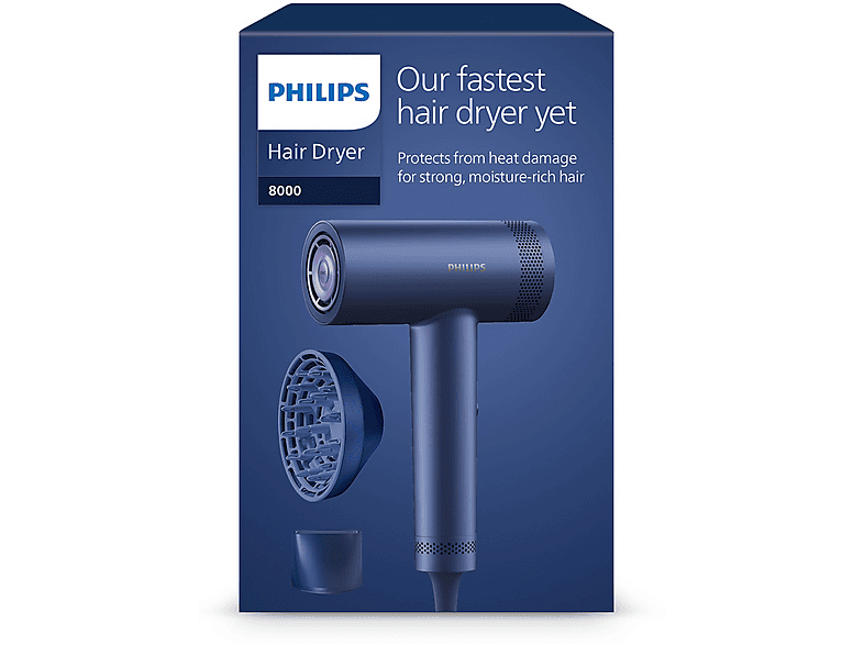 Secador - Philips SERIE 8000 BHD839/10, 1400 W, 7 Niveles de calor, 3 Velocidades, Difusor incluido, Azul Adriático