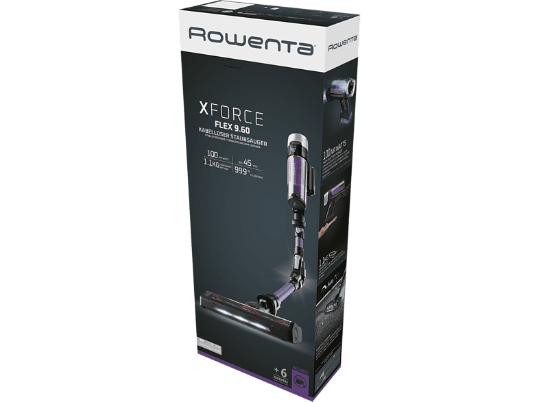 Aspirador escoba - Rowenta RH2039WO X-Force Flex 9.60 Allergy, 200 W, 0.4 L, 45 min, Tecnol. Ciclónica, 3 modos, Multisuperficie, Ultraligera, Púrpura