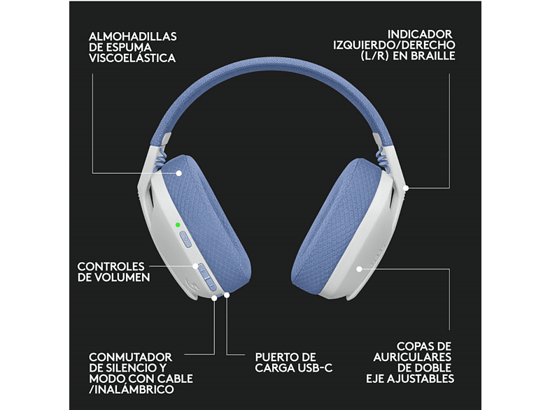 Auriculares gaming - Logitech G G435, 20 Hz -20 KHz, 45 Ohms, 83.1 dB, Autonomía 18 h, Micrófono, Blanco