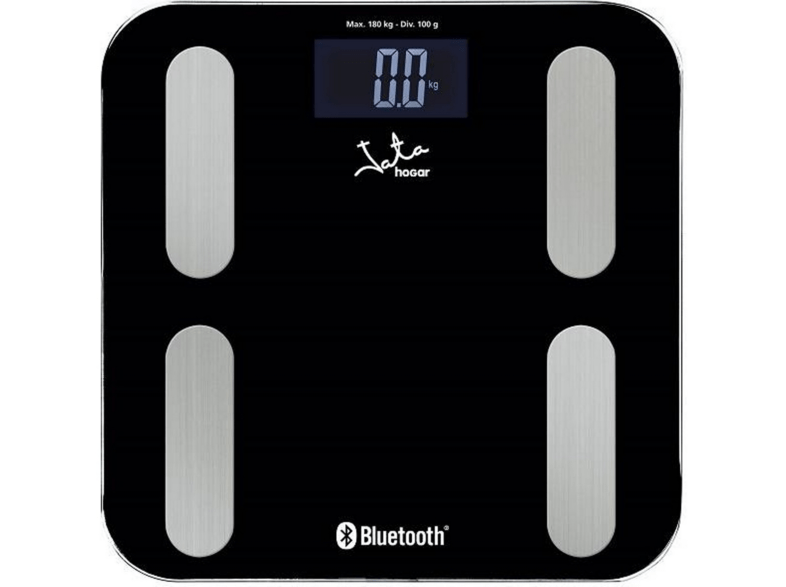 Báscula de baño - Jata 593, Bluetooth, Peso máximo 180 kg, Precisión 100 g, App OkOk, 8 funciones, Negro