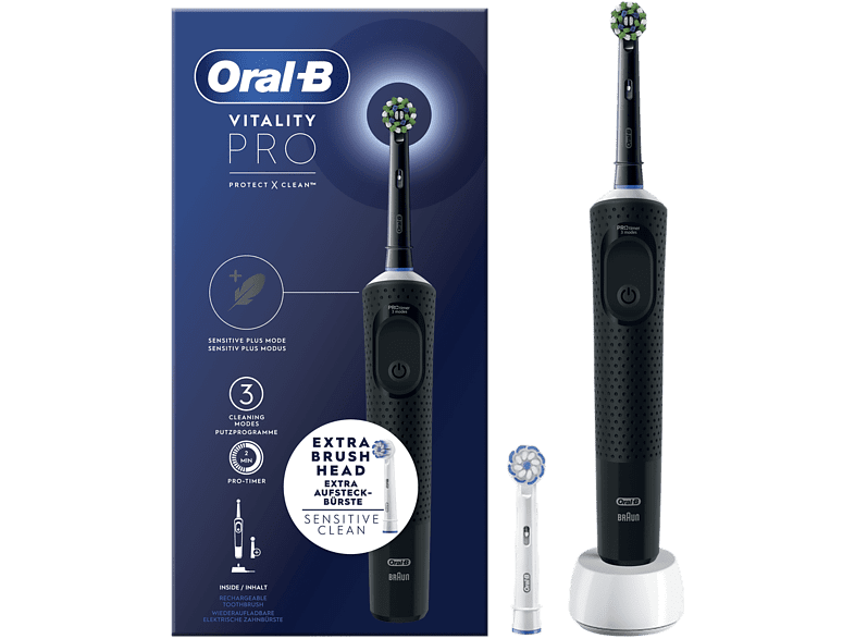 Cepillo eléctrico - Oral-B Vitality Pro, Con 2 Cabezales, Diseñado Por Braun, Negro