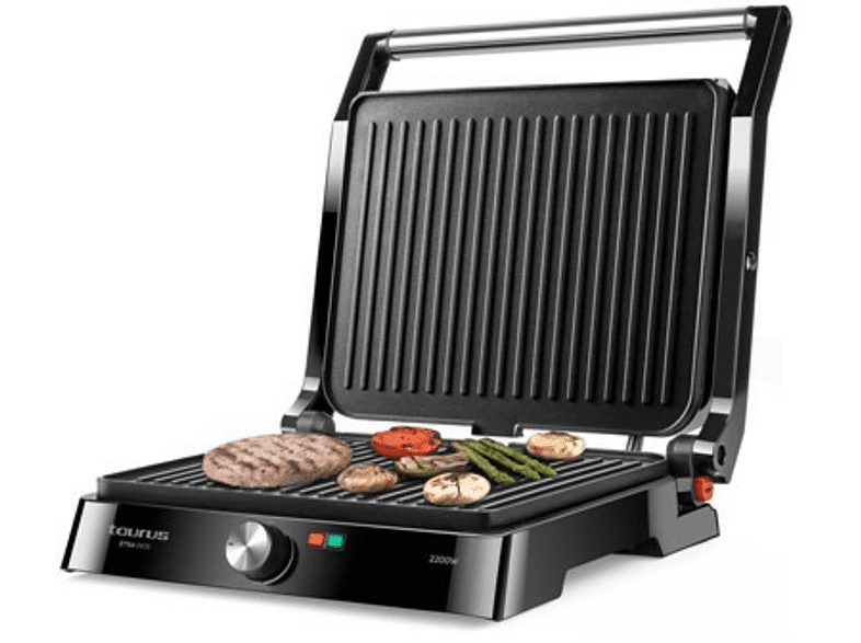 Grill -  Taurus 968.079 Etna Inox, 2200 W, 2 en 1, Regulador temperatura, Antiadherente, Base antideslizante