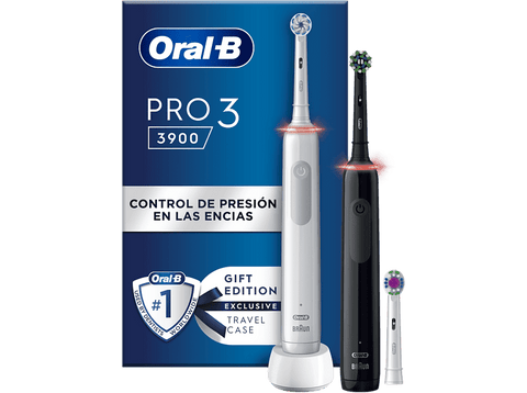 Cepillo eléctrico - Oral-B Pro 3 3900 Dual Pack, Con 3 Cabezales, Diseñados Por Braun, Negro y blanco