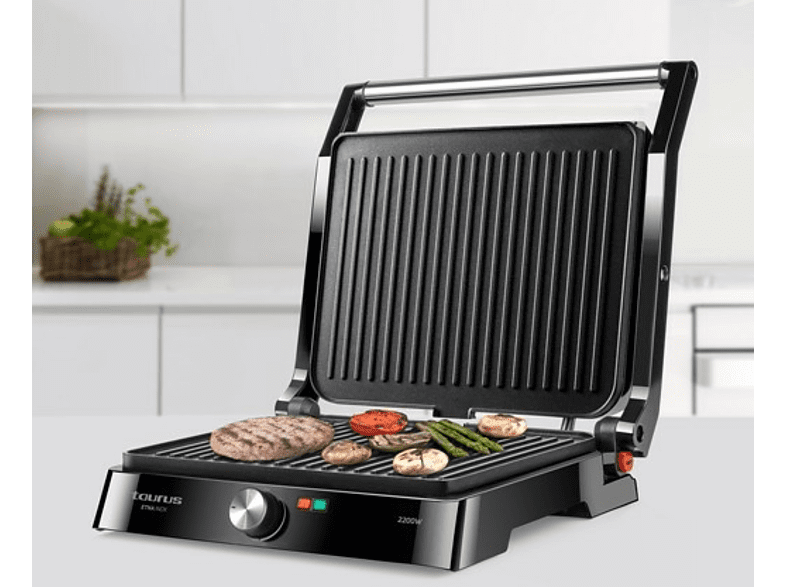 Grill -  Taurus 968.079 Etna Inox, 2200 W, 2 en 1, Regulador temperatura, Antiadherente, Base antideslizante