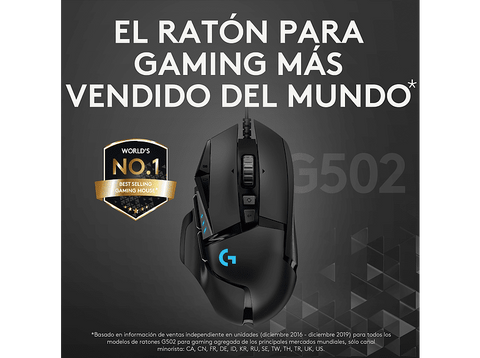 Ratón Gaming - Logitech G502 Hero, Puerto USB, Pesas opcionales, Respuesta 1000 Hz, Negro