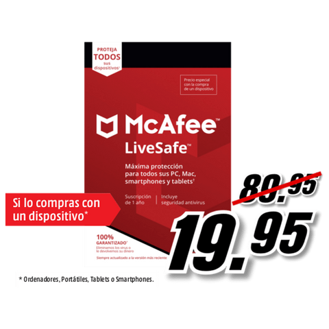 Antivirus - McAfee LiveSafe, Suscrip. 1 año, Multidispositivo (Clave de activación)