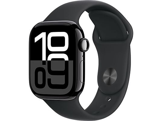 Apple Watch Series 10 (2024), GPS + Cellular, 42 mm, Gesto de doble toque, Caja de aluminio Negro azabache, Correa deportiva Negra, Talla S/M