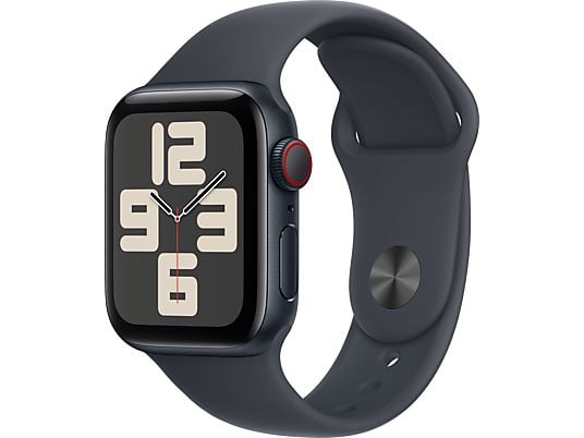 Apple Watch SE (2024), GPS + Cellular, 44 mm, Caja de aluminio Medianoche, Vidrio delantero Ion-X, Correa deportiva Medianoche, Talla M/L