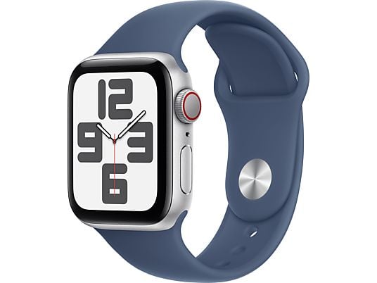 Apple Watch SE (2024), GPS + Cellular, 40 mm, Caja de aluminio Plata, Vidrio delantero Ion-X, Correa deportiva Azul denim, Talla S/M