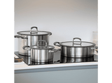 Batería de cocina - Jata Hogar HBAT2552, 6.8L, Acero inoxidable, Apilables, Tapas Vidrio Templado, 3 Ollas, Compatibles con todas las cocinas, Plata