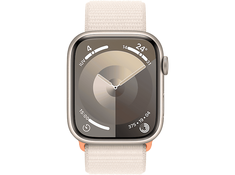 Apple Watch Series 9 (2023), GPS+CELL, 45 mm, Gesto de doble toque, Caja de aluminio blanco estrella, Correa Sport Loop blanco estrella