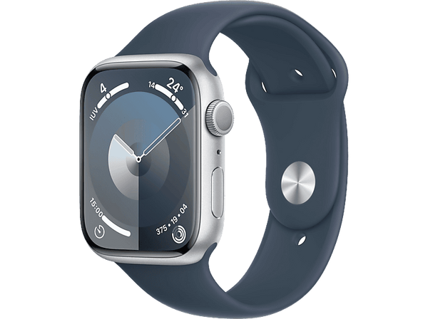Apple Watch Series 9 (2023), GPS, 45 mm, Gesto de doble toque, Caja de aluminio plata, Correa deportiva azul tempestad, Talla M/L