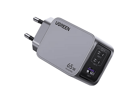 Cargador de pared - Ugreen Mini GaN Nexode Pro, Universal, Carga Rápida, 65W, 2x USB-c, 1x USB-A, Plata
