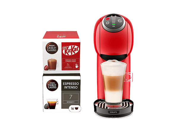 Cafetera de cápsulas - Krups Genio S Plus, Compacta, Alta presión, 30 tipos de bebidas, Función XL, 2 packs de regalo, Modo Eco, 15 bar, Roja