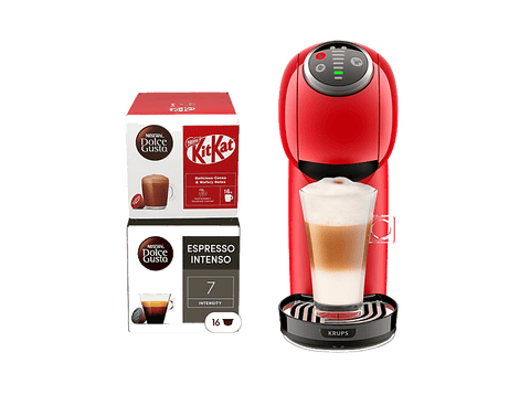 Cafetera de cápsulas - Krups Genio S Plus, Compacta, Alta presión, 30 tipos de bebidas, Función XL, 2 packs de regalo, Modo Eco, 15 bar, Roja