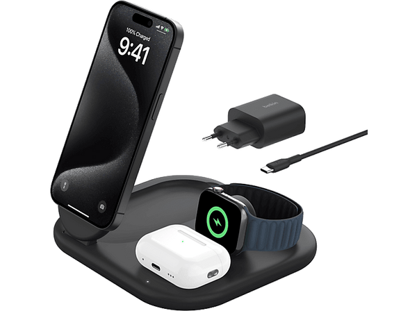 Cargador inalámbrico- Belkin BoostCharge, Compatible con Apple, Carga inalámbrica, Conexión magnética Qi2, Negro