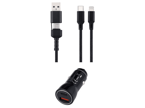 Cargador coche - ISY ICC-5000-CC, Universal, Carga rápida, USB-A/C a USB-C y Lightning, Negro