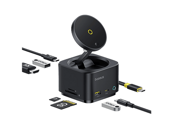 Docking Station - Baseus Serie MagPro II HUB 7 en 1, Con Carga Inalámbrica Magnética de 15W, Qi2, Pantalla dual 4k, Ultrarrápido 100W, Negro