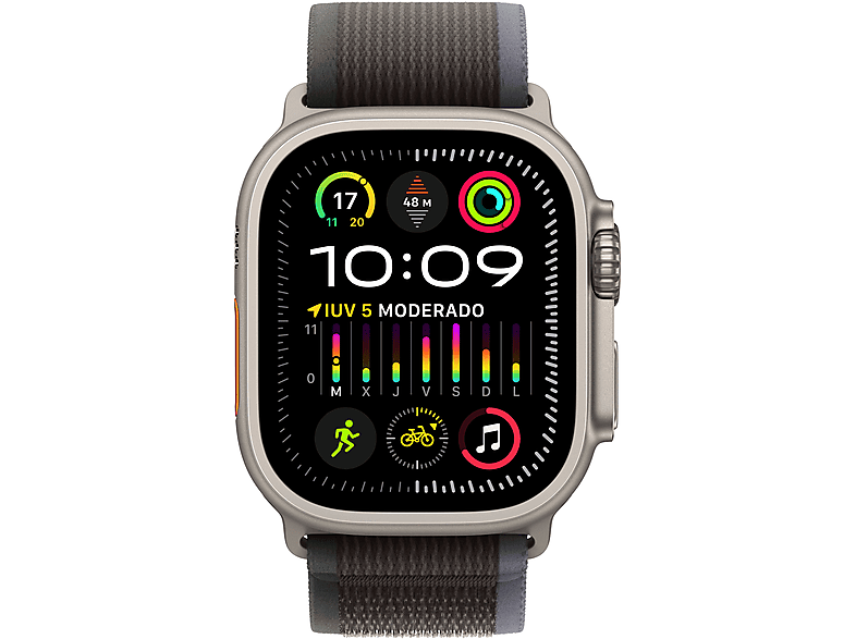 Apple Watch Ultra 2 (2023), GPS + Cellular, 49 mm, Caja de titanio, Gesto doble toque, Correa Trail Loop en Talla M/L de color Azul/Negro
