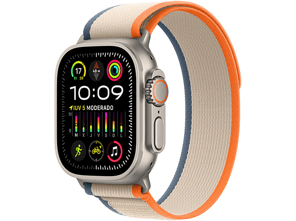 Apple Watch Ultra 2 (2023), GPS + Cellular, 49 mm, Caja de titanio, Gesto doble toque, Correa Trail Loop en Talla S/M de color Naranja/Beis