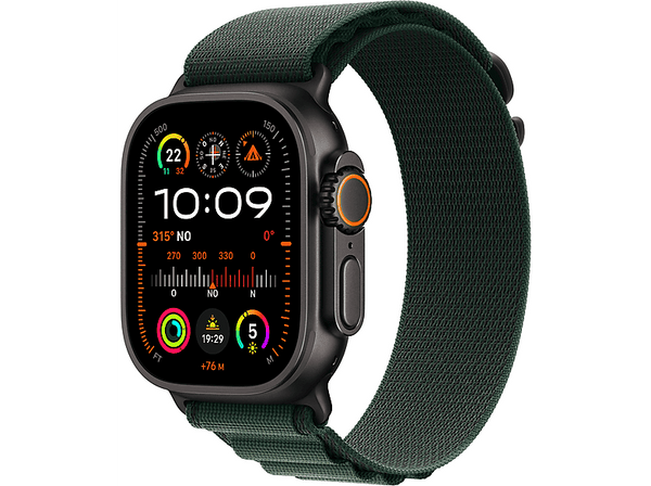 Apple Watch Ultra 2 (2024), GPS + Cellular, 49 mm, Caja de Titanio Negro, Gesto doble toque, Correa Alpine Loop de color Verde oscuro, Talla L