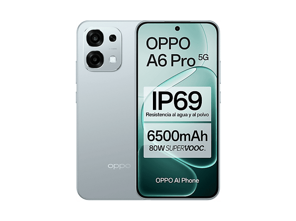 Móvil - OPPO A6 Pro 5G, Lunar Titanium, 256GB, 8GB RAM, 6.57" AMOLED, Mediatek Dimensity 6300 (6nm), 6.500mAh, IP69, Pantalla AMOLED 120 Hz