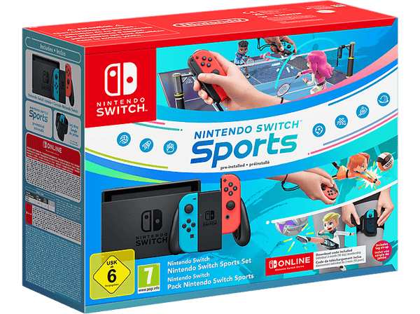 Consola - Nintendo Switch, 6.2", Joy-Con, Azul y Rojo Neón + Juego Switch Sports (preinstalado) + Cinta para pierna + Suscripción 3 meses online