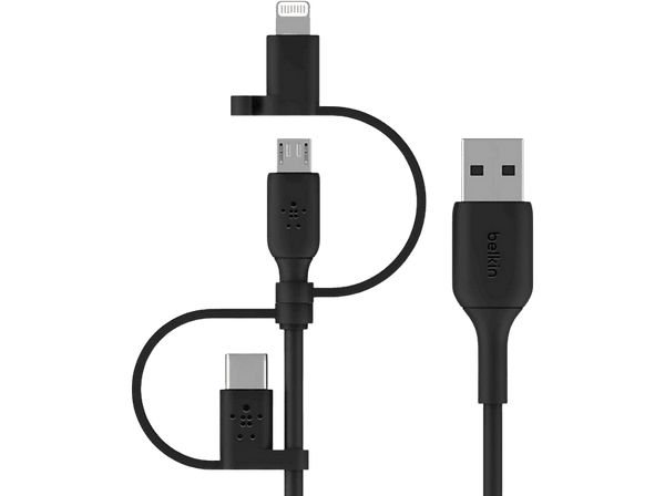 Cable USB - Belkin Cable Universal 3 en 1, USB-A, USB-C, Micro-USB, Lightning, 1 m, Negro