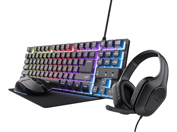 Pack gaming - Trust GXT780 4-IN-1, Inclye Teclado, Auriculares, Ratón y Alfombrilla, Negro