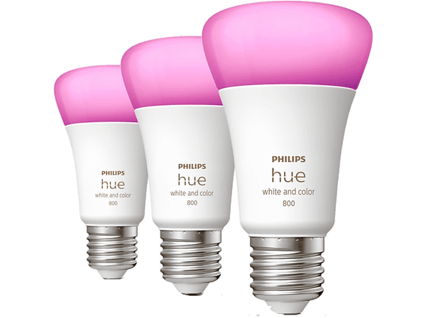 Bombilla Inteligente - Philips Hue A60, Pack 3, E27, Luminosidad 800, Blanca y colores, Bluetooth