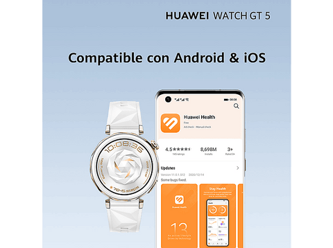 Smartwatch - Huawei Watch GT5 41mm, Llamadas Bluetooth, Respuesta con Teclado, 7 días batería, Compatible iOS/Android, Correa Cuero Blanco