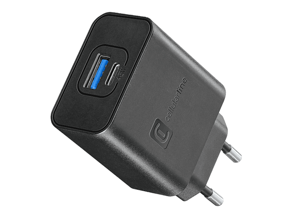 Cargador móvil - CellularLine ACHSMUSB2PD45WK, Compatible con Samsung, 45W, Carga Rápida, 1x USB y 1x USB-C, Negro