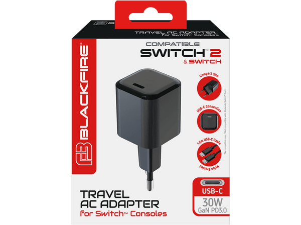 Adaptador - Ardistel Blackfire® Travel AC Adapter 30W GaN PD3.0, Compatible con Nintendo Switch, Negro