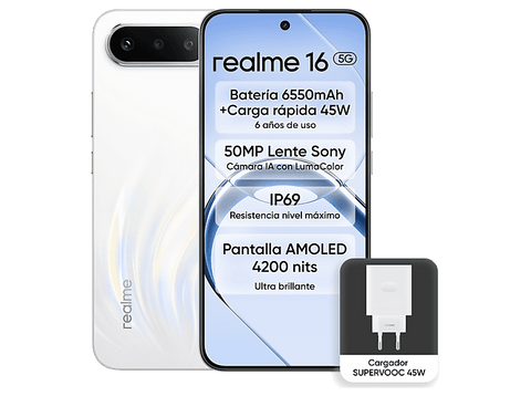 Móvil - realme 16, Blanco, 256GB, 8GB RAM, 6.57