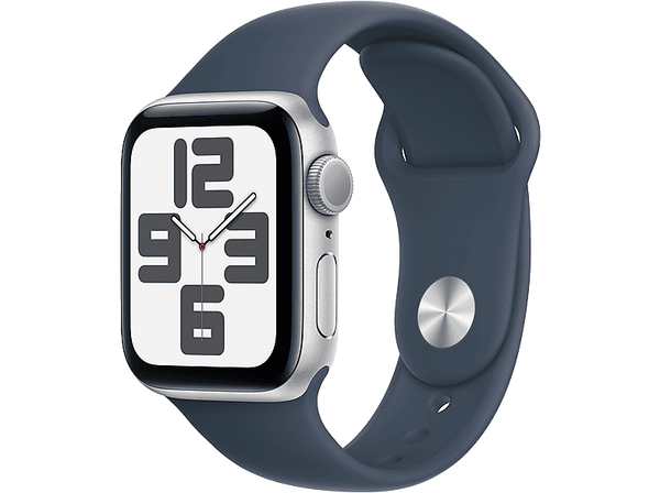 APPLE Watch SE (2023), GPS, 40 mm, Caja de aluminio plata, Vidrio delantero Ion-X, Talla M/L, Correa deportiva azul tempestad