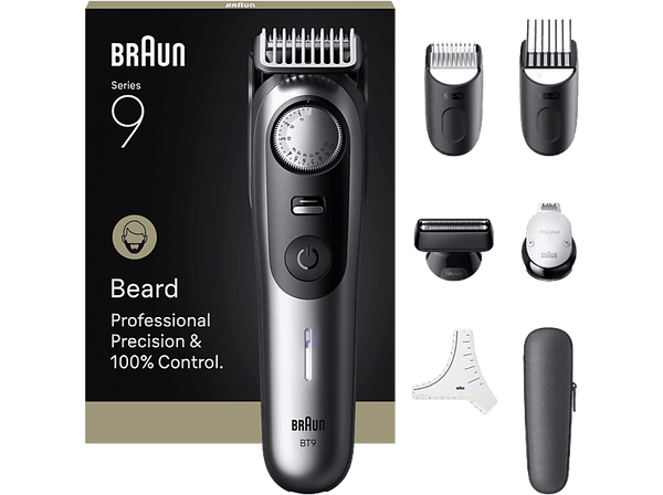 Barbero - Braun Series 9 BT9520, 7 Accesorios para barba, 52 ajustes de longitud, Bloqueo de precisión, Lámina ProBlade, PowerBoost, Wet&Dry, Cromo