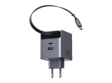 Cargador de pared - Ugreen GaN Carga Rápida con cable USB-C Retráctil, Universal, 65W, 1x USB-C, 1x USB-A, Plata