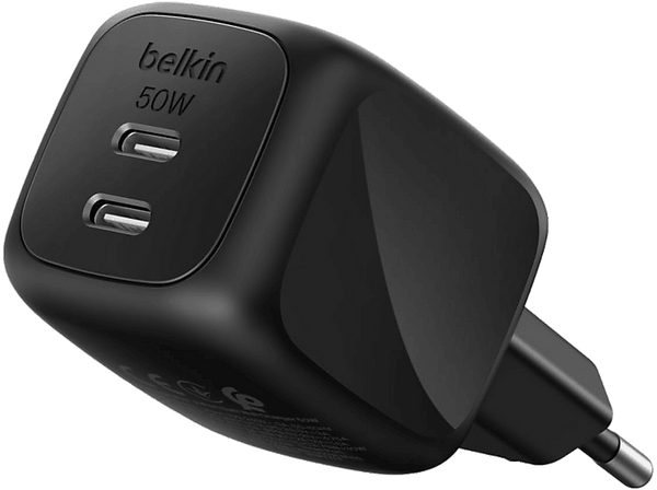 Cargador de pared - Belkin WCH019dqWH, 50W, Compatibles dispositivos con carga USB-C, 2 puertos tipo USB-C, Negro