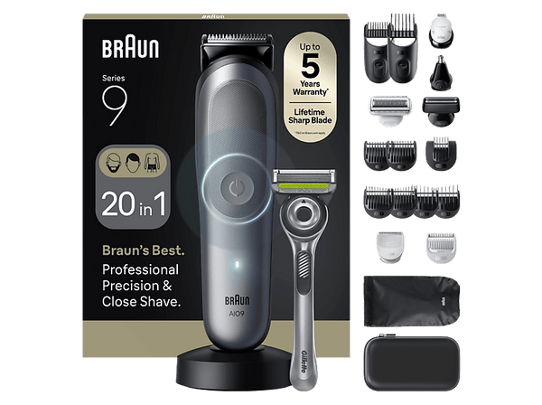Afeitadora multifunción - Braun Todo En Uno Series 9 AIO9540, Kit 20 En 1, Láminas ProBlade, Modo BodyGentle, Autosense, Wet&Dry Gris