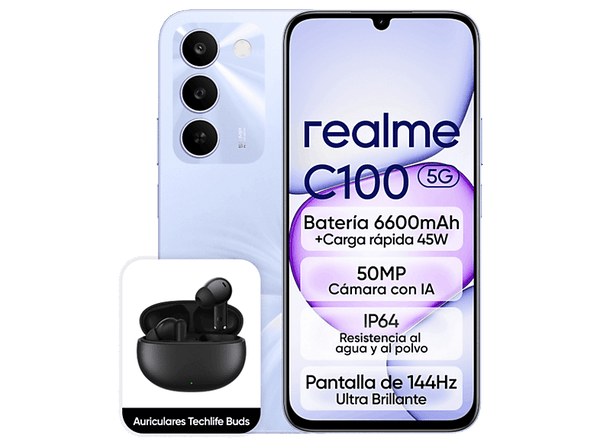 Móvil - realme C100, Blooming Purple, 256GB, 4GB RAM, 6.8" HD+, Dimensity 6300, 6600mAh, Incluye Auriculares realme Techlife Buds