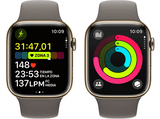 Apple Watch Series 9 (2023), GPS+CELL, 45 mm, Gesto de doble toque, Caja de acero inoxidable oro, Correa deportiva arcilla, Talla M/L