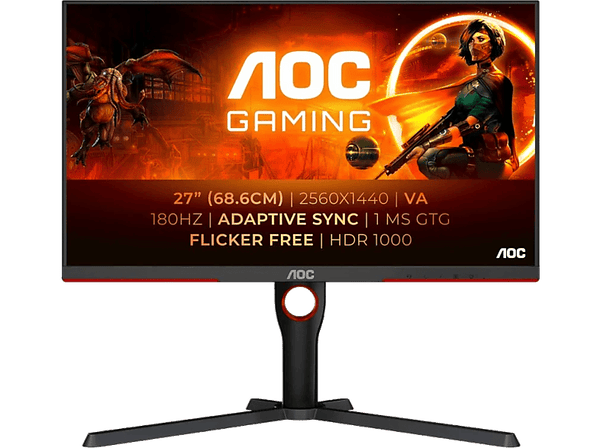 Monitor gaming - AOC Q27G3XMN/BK, 27", QHD, 1 ms, 180 Hz, 2x HDMI, 1x DisplayPorts, Auriculares, HDR, Negro, Rojo