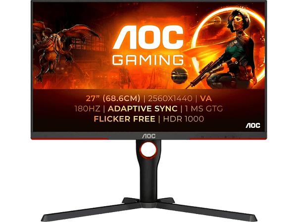 Monitor gaming - AOC Q27G3XMN/BK, 27", QHD, 1 ms, 180 Hz, 2x HDMI, 1x DisplayPorts, Auriculares, HDR, Negro, Rojo