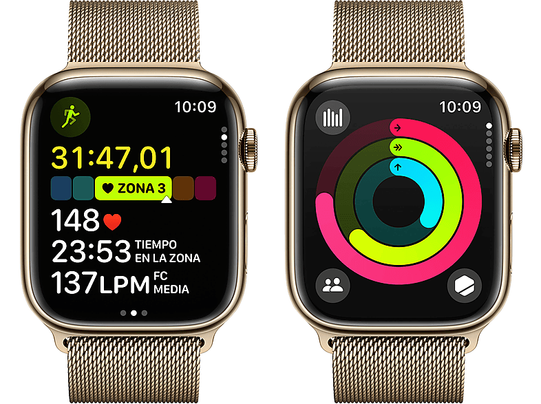 Apple Watch Series 9 (2023), GPS+CELL, 45 mm, Gesto de doble toque, Caja de acero inoxidable oro, Correa Milanese Loop oro