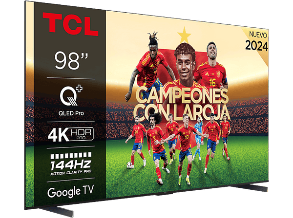 TV QLED 98" - TCL 98C655, UHD 4K, Quad Core, Smart TV, Google TV, Game Master 3.0, 144 Hz, Dolby Atmos, Brushed titanium metal front