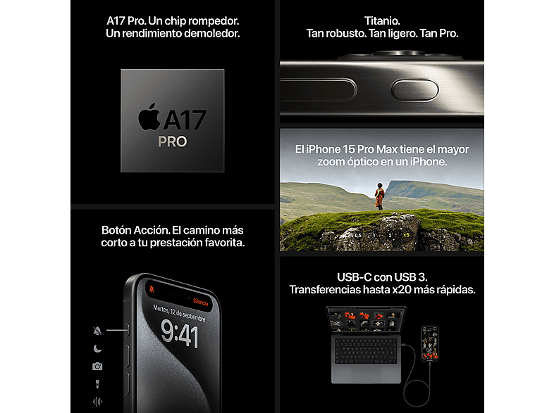 Apple iPhone 15 Pro, Titanio Negro, 512 GB, 5G, 6.1  Pantalla Super Retina XDR, Chip A17 Bionic, iOS