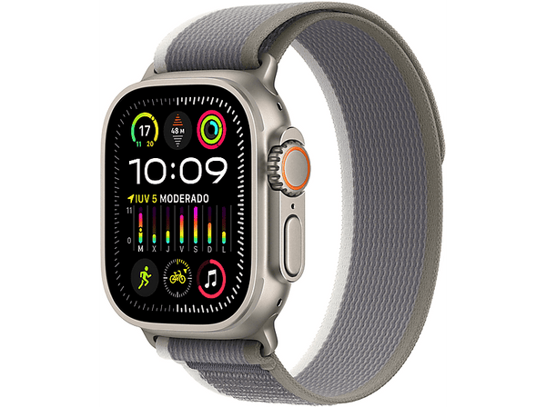 Apple Watch Ultra 2 (2023), GPS + Cellular, 49 mm, Caja de titanio, Gesto doble toque, Correa Trail Loop en Talla M/L de color Verde/Gris