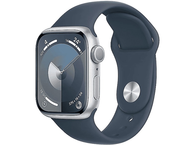 Apple Watch Series 9 (2023), GPS, 41 mm, Gesto de doble toque, Caja de aluminio plata, Correa deportiva azul tempestad, Talla S/M